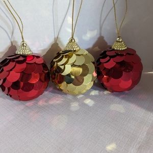 Lot of 3 metallic sequin covered Christmas tree ball ornaments gold & red